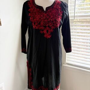 Black Dress with Red Embroidered Yoke and Trim